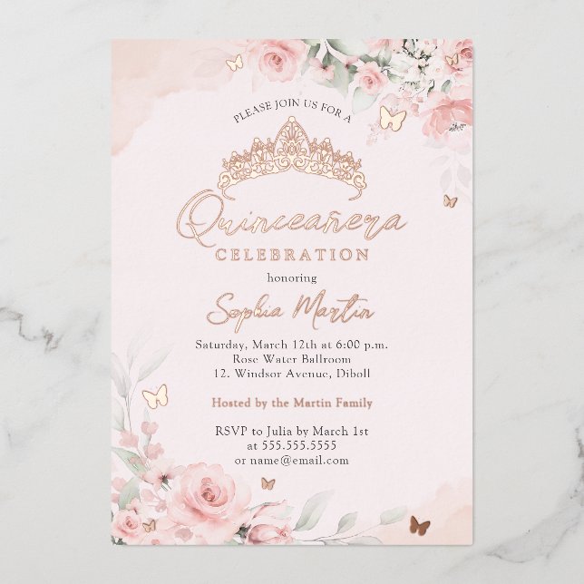 Invitation En Aluminium Papillon en fleurs rose or rose Quinceanera (Recto)