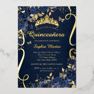 Invitation En Aluminium Papillon Fleur de la Royal Navy Or Quinceanera