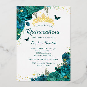 Invitation En Aluminium Papillon Fleur de Teal Elégant Quinceanera 