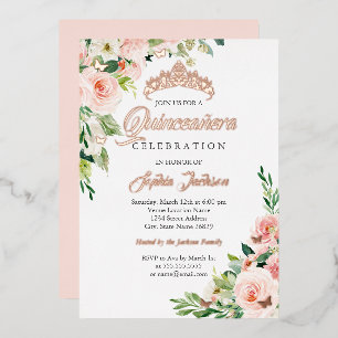 Invitation En Aluminium Papillon floral Blush Rose Rose Or Quinceanera