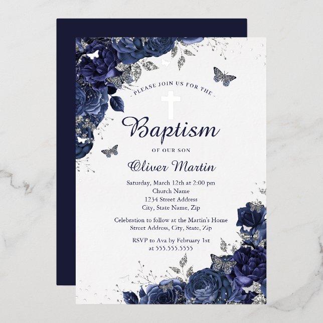 Invitation En Aluminium Papillon floral Boy Navy Baptême bleu marine (Recto/Verso)
