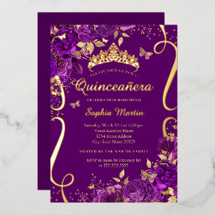 Invitation En Aluminium Papillon Floral Défilant Violet Quinceanera 