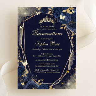 Invitation En Aluminium Papillon Floral Doré de la Marine Quinceanera