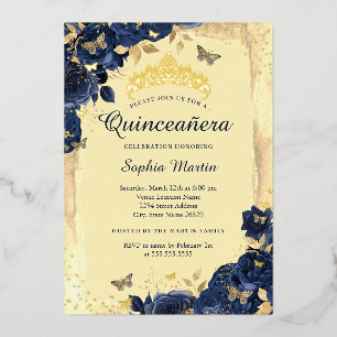 Invitation En Aluminium Papillon floral élégant or marine Quinceanera 