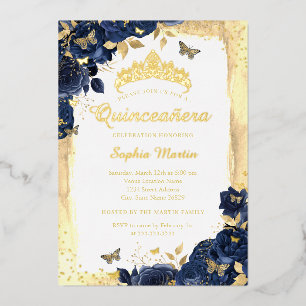Invitation En Aluminium Papillon floral élégant Or Quinceanera Navy 