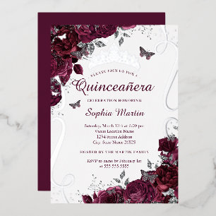 Invitation En Aluminium Papillon Floral Élégant Quinceanera Bourgogne