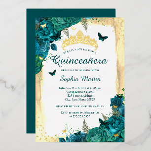 Invitation En Aluminium Papillon floral élégant Quinceanera sarcelle or 