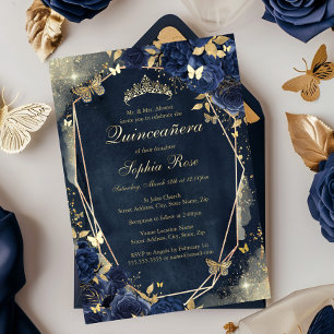 Invitation En Aluminium Papillon Floral Étincelle Navy Or Quinceanera