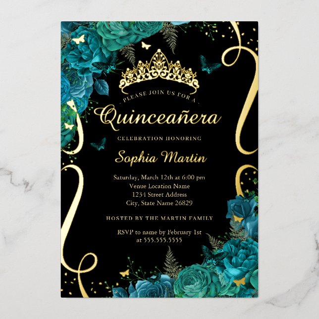 Invitation En Aluminium Papillon floral noir turquoise Élégant Quinceanera (Recto)