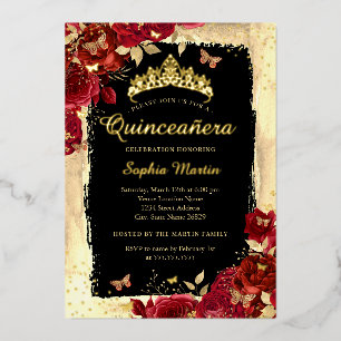 Invitation En Aluminium Papillon floral Or rouge Quinceanera noir