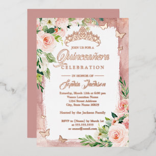 Invitation En Aluminium Papillon floral Quinceanera rose rose pâle