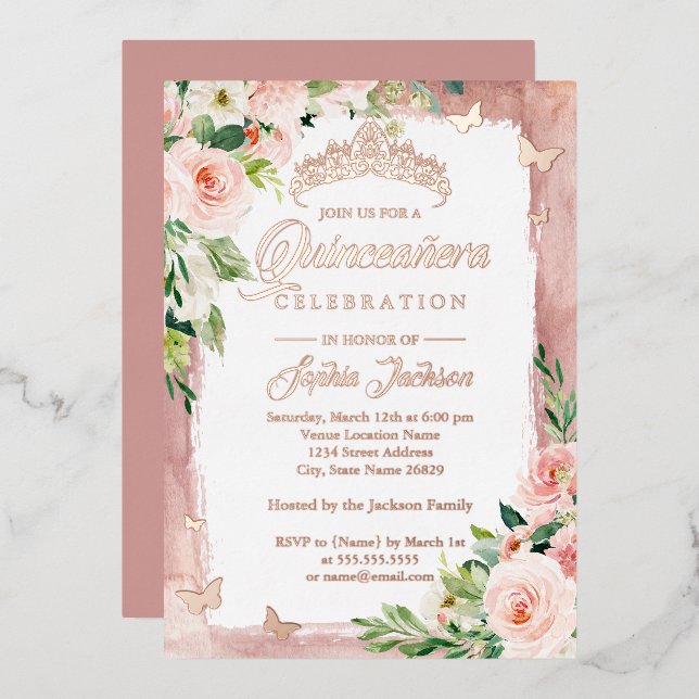 Invitation En Aluminium Papillon floral Quinceanera rose rose pâle (Recto/Verso)