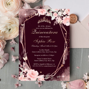 Invitation En Aluminium Papillon Floral Rose Bourgogne pour Quinceanera