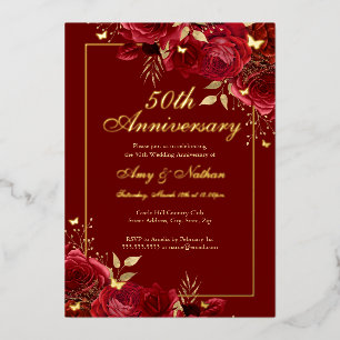 Invitation En Aluminium Papillon Floral Rouge 50e Anniversaire de Mariage