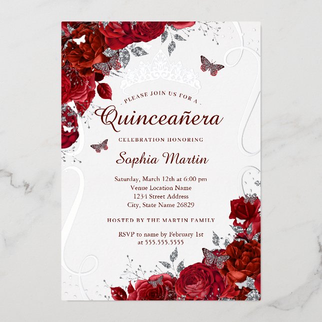 Invitation En Aluminium Papillon floral rouge argent Élégant Quinceanera (Recto)