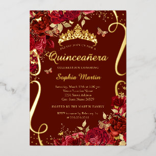 Invitation En Aluminium Papillon Floral Rouge Elégant Quinceanera