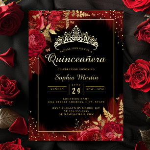 Invitation En Aluminium Papillon floral rouge or noir Quinceanera