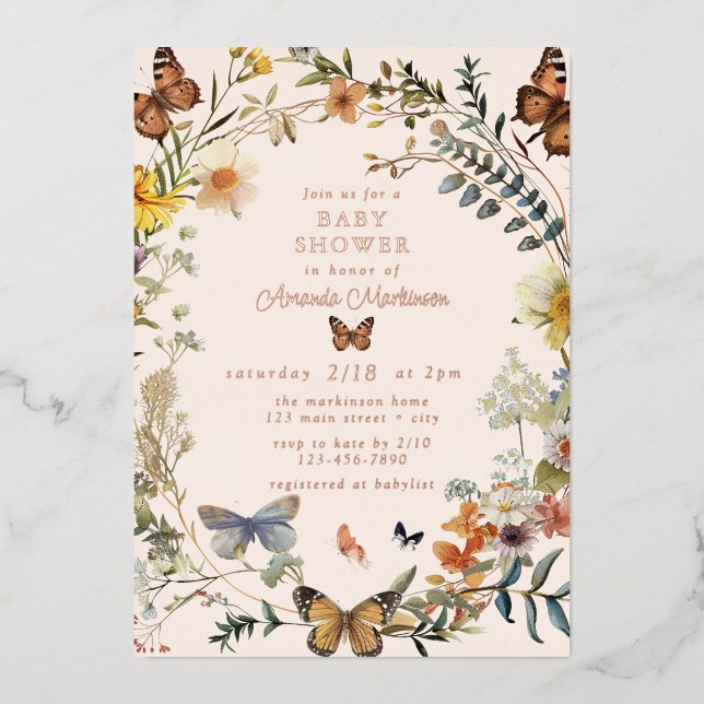 Invitation En Aluminium Papillon floral rustique Baby shower neutre genre (Recto)