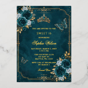 Invitation En Aluminium Papillon floral sarcelle et or Sweet 16