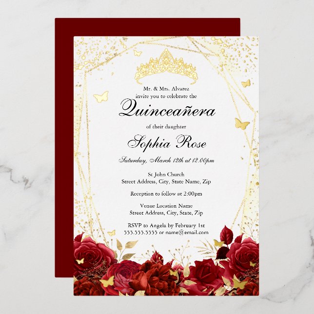 Invitation En Aluminium Papillon floral Tiara Rouge or Quinceanera (Recto/Verso)