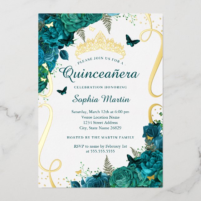 Invitation En Aluminium Papillon floral turquoise Élégant Quinceanera (Recto)