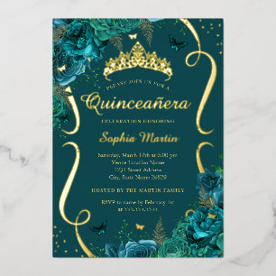Invitation En Aluminium Papillon floral turquoise Rose Tiara Quinceanera
