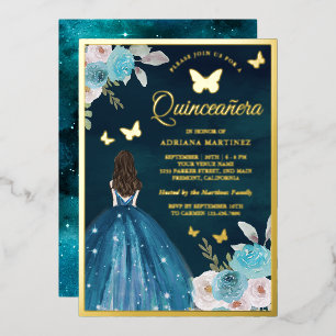 Invitation En Aluminium Papillon floral Turquoise Turquoise Quinceanera Go