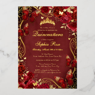 Invitation En Aluminium Papillon Floral Vintage Quinceanera Rouge Royale