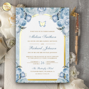 Invitation En Aluminium Papillon Mariage Arc Floral Bleu Doux Or