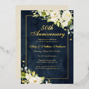 Invitation En Aluminium Papillon Navy Or 50e Anniversaire de Mariage 