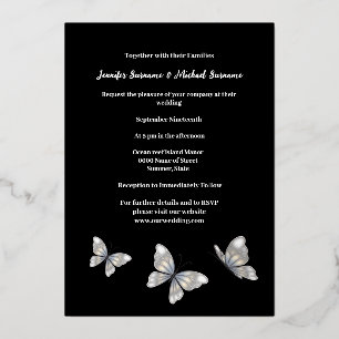 Invitation En Aluminium Papillon noir argenté minimaliste sobre élégant