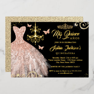 Invitation En Aluminium Papillon noir rose or Tiara Robe Quinceanera