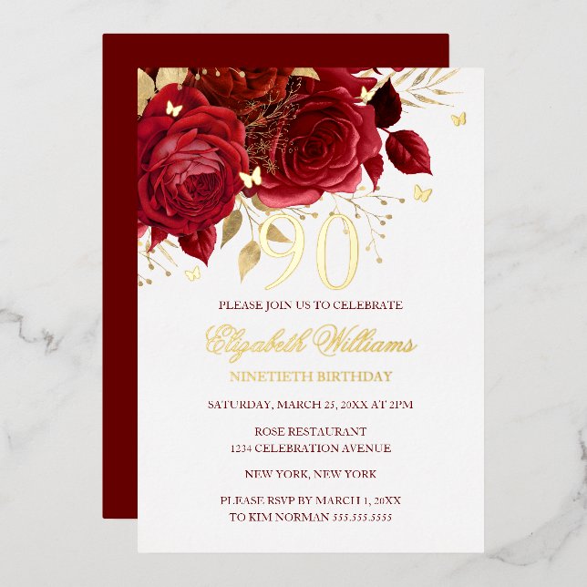 Invitation En Aluminium Papillon Pétillant Rose Rouge 90e Anniversaire  (Recto/Verso)