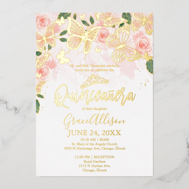 Invitation En Aluminium Papillon Quinceanera rose pâle (Recto)