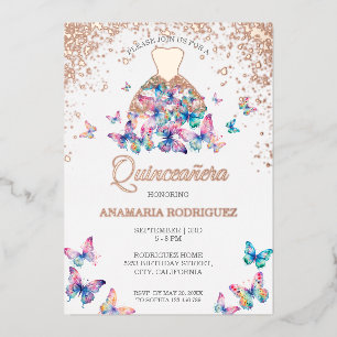 Invitation En Aluminium Papillon Rose d'or moderne Gown Quinseanera Foil