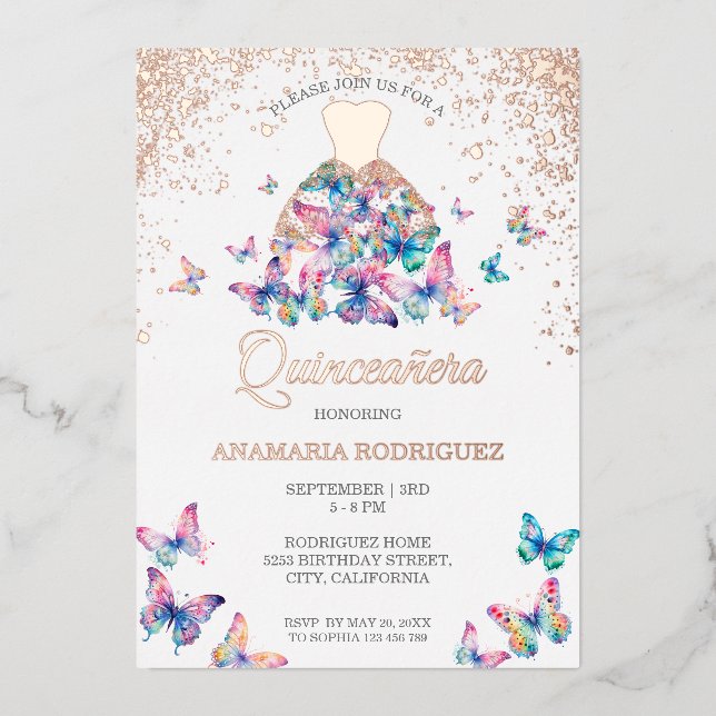 Invitation En Aluminium Papillon Rose d'or moderne Gown Quinseanera Foil (Recto)