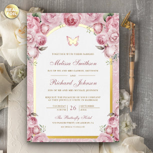 Invitation En Aluminium Papillon rose floral Mariage or