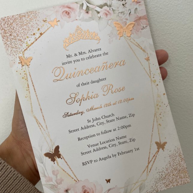 Invitation En Aluminium Papillon Rose or rose rose rose flou Quinceanera (Créateur téléchargé)