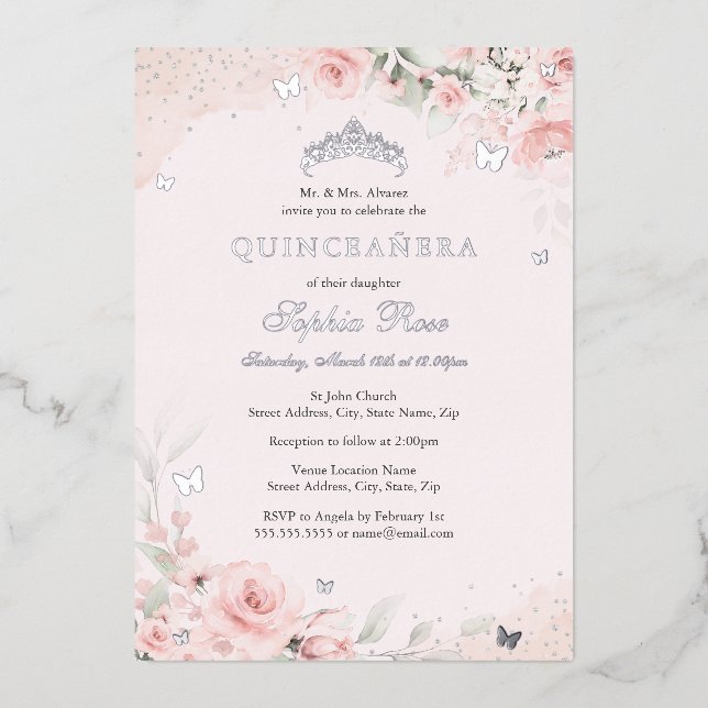 Invitation En Aluminium Papillon rose pâle Rose Quinceanera 15e (Recto)