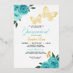 Invitation En Aluminium Papillon Roses Turquoise Quinceanera Réelles