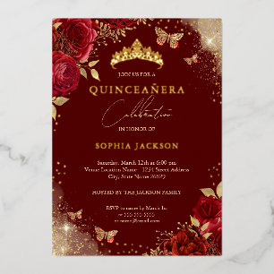 Invitation En Aluminium Papillon Rouge Rose Or Tiara Quinceanera