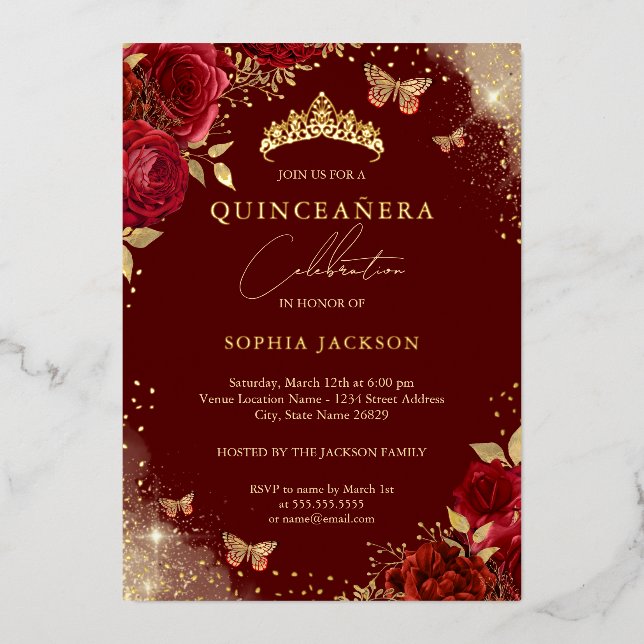 Invitation En Aluminium Papillon Rouge Rose Or Tiara Quinceanera (Recto)