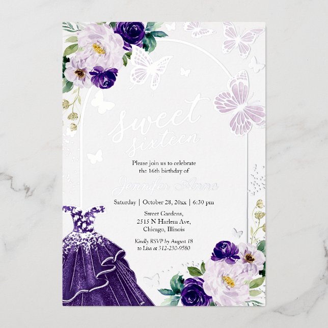 Invitation En Aluminium Papillon Sweet sixteen foncé Robe violette Argent (Recto)