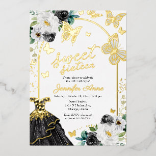 Invitation En Aluminium Papillon Sweet sixteen noir Robe or Foil Invi