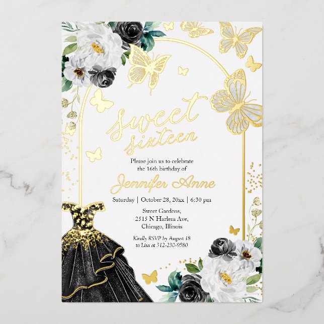 Invitation En Aluminium Papillon Sweet sixteen noir Robe or Foil Invi (Recto)