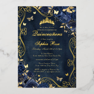 Invitation En Aluminium Papillon Tourbillon Doré Floral Navy Quinceanera