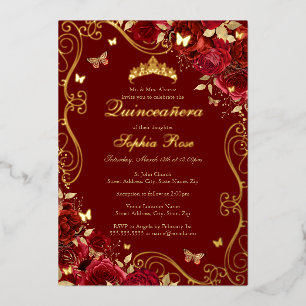 Invitation En Aluminium Papillon Tourbillon Floral Rouge Or Quinceanera