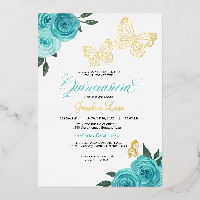 Invitation En Aluminium Papillon Turquoise Rose Quinceanera Real (Recto)