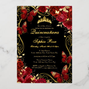 Invitation En Aluminium Papillon Vintage Floral Quinceanera Rouge