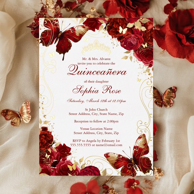Invitation En Aluminium Papillon Vintage Rouge Floral Quinceanera (Créateur téléchargé)